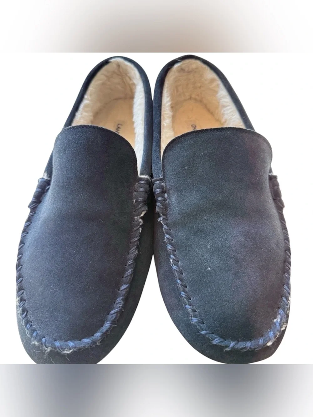 Men’s Lands' End Suede Moccasin Slippers Size 9 Navy Blue with Hard Soles